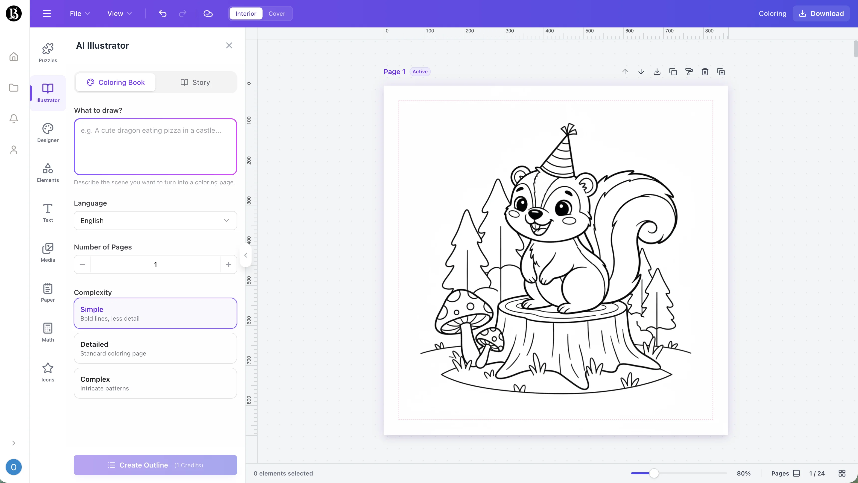 Screenshot of the Creador de libros para colorear workspace
