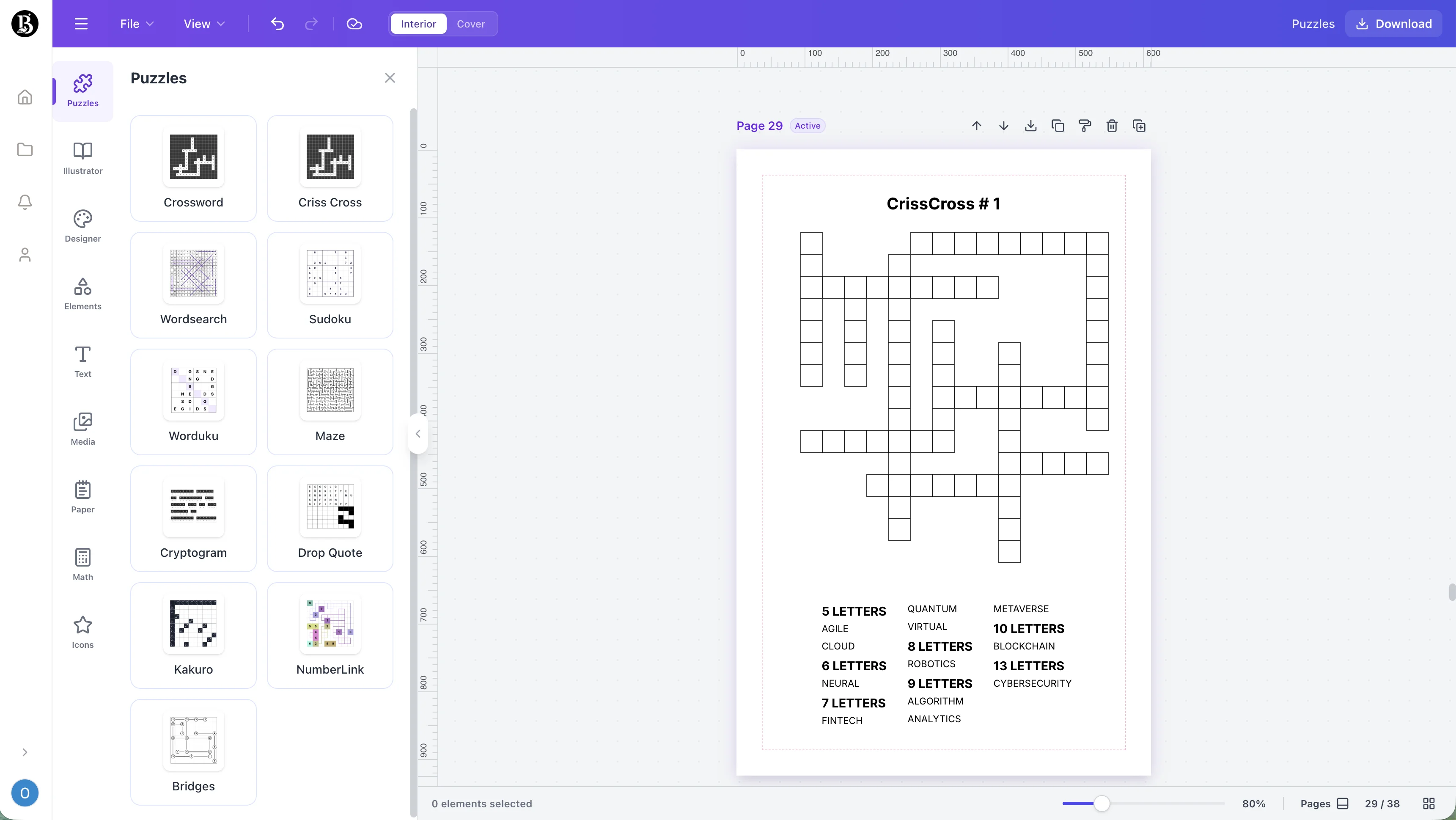 Screenshot of the Criss Cross Creator workspace