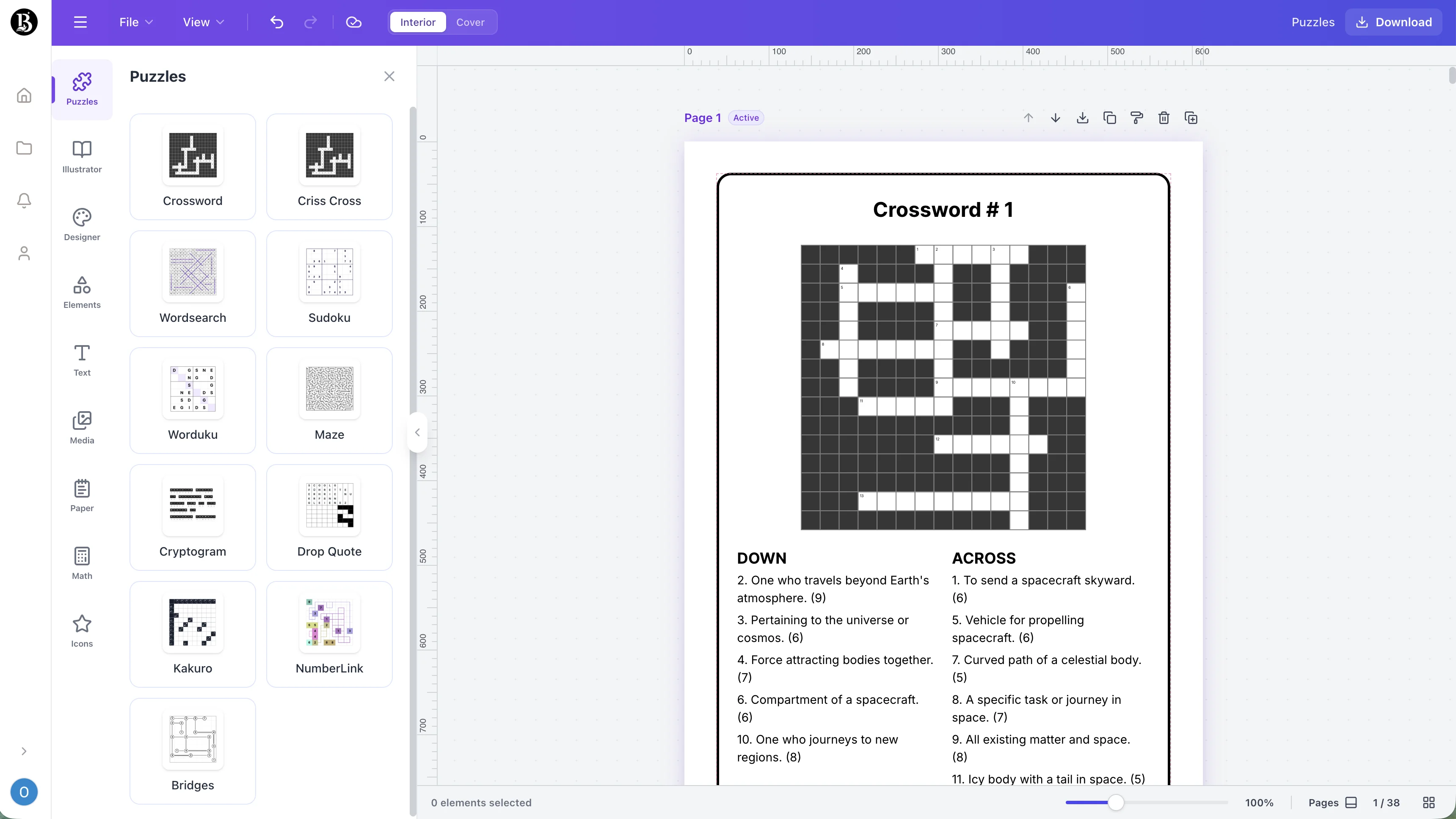 Screenshot of the Creador de crucigramas workspace