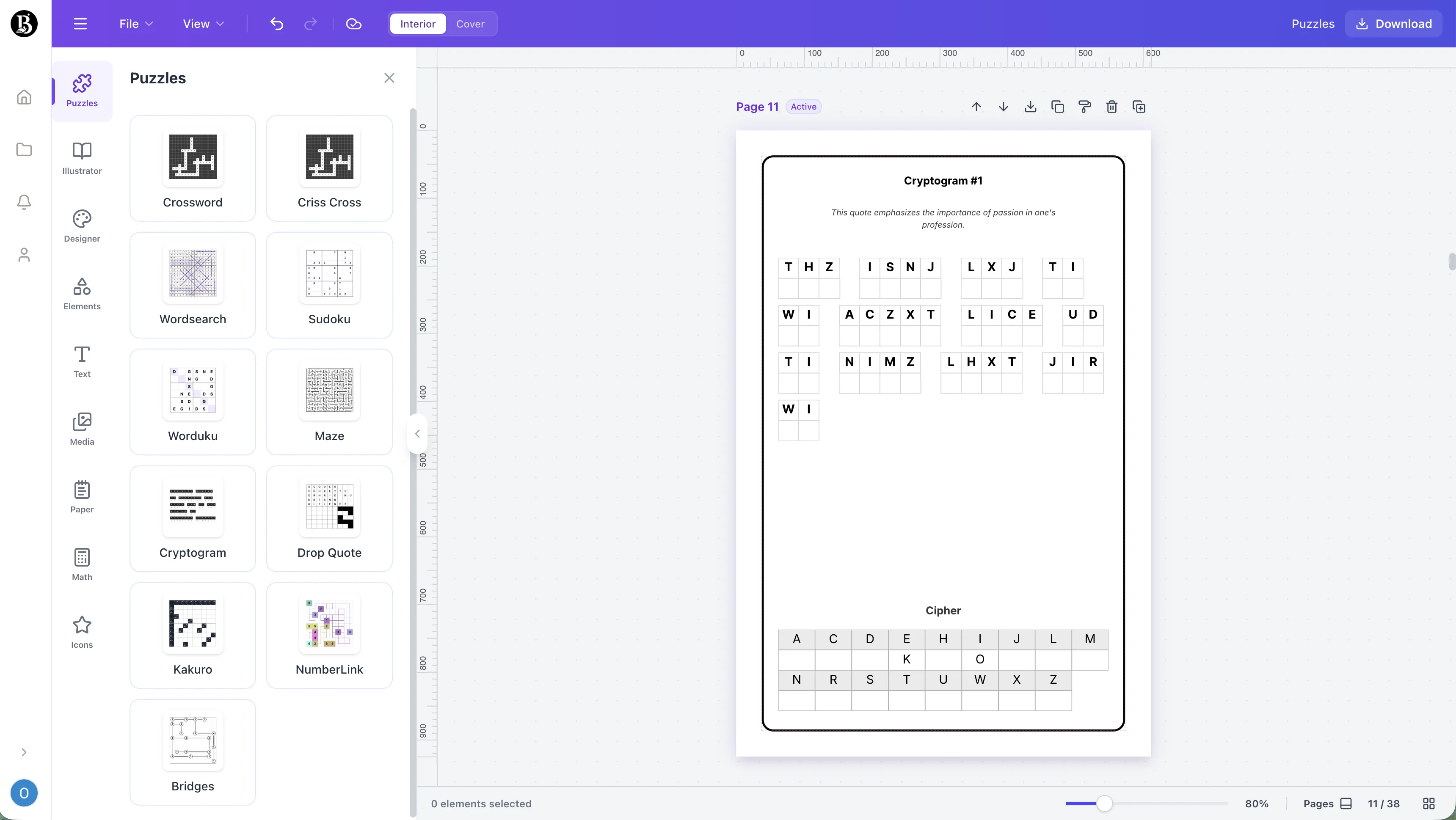 Screenshot of the Generador de criptogramas workspace