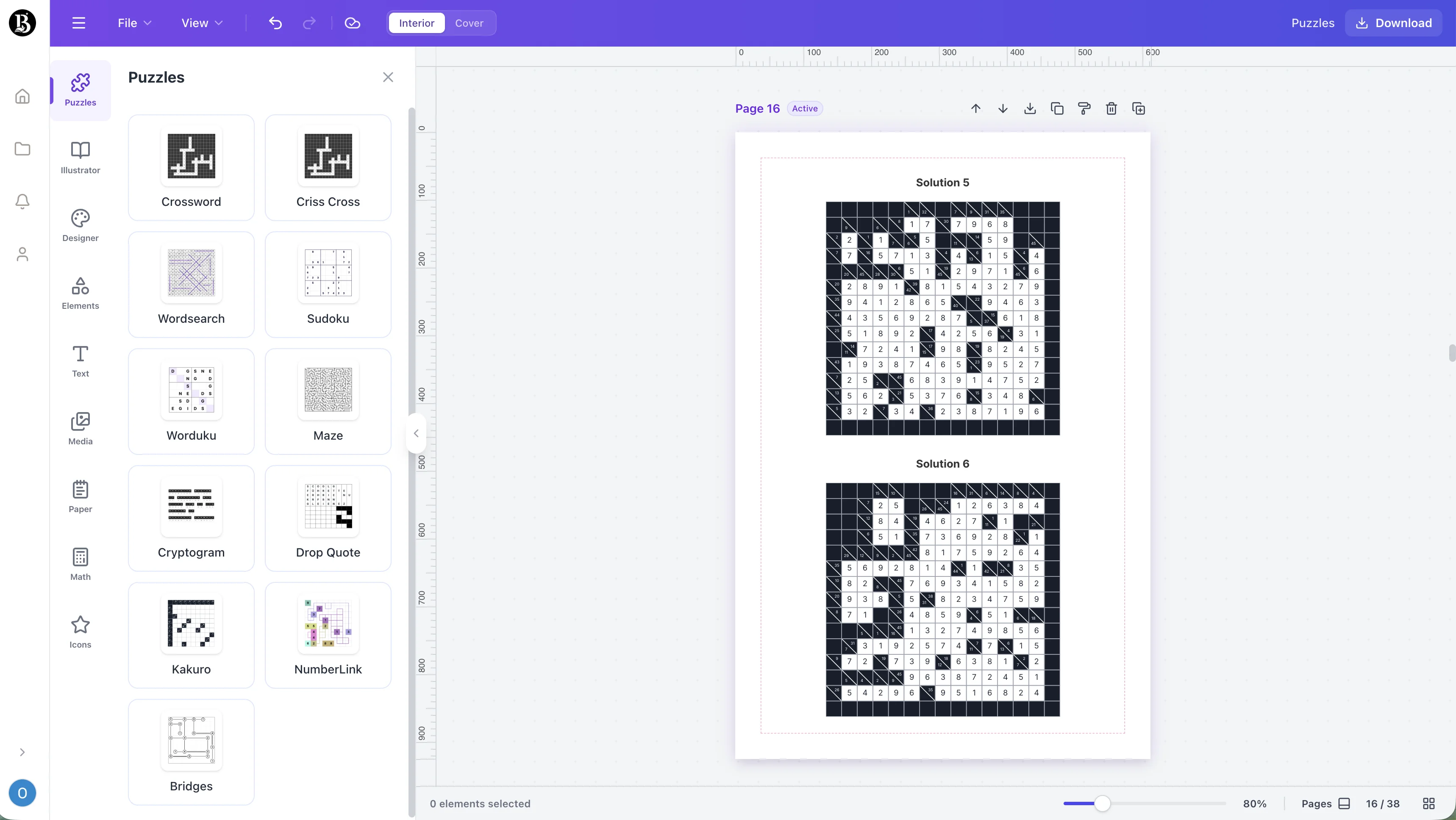 Screenshot of the Generador de Kakuro workspace