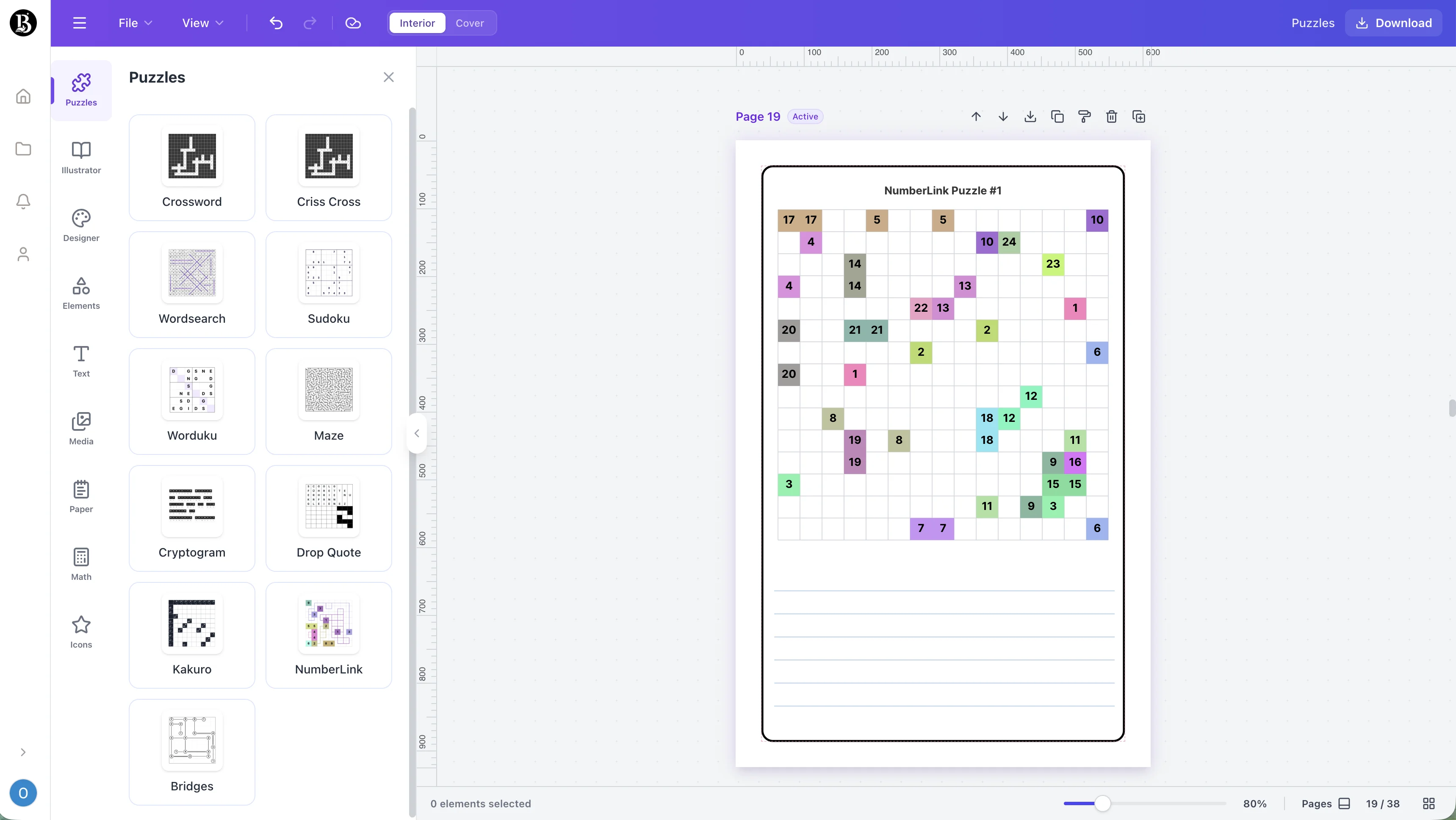 Screenshot of the Generador de Numberlink workspace