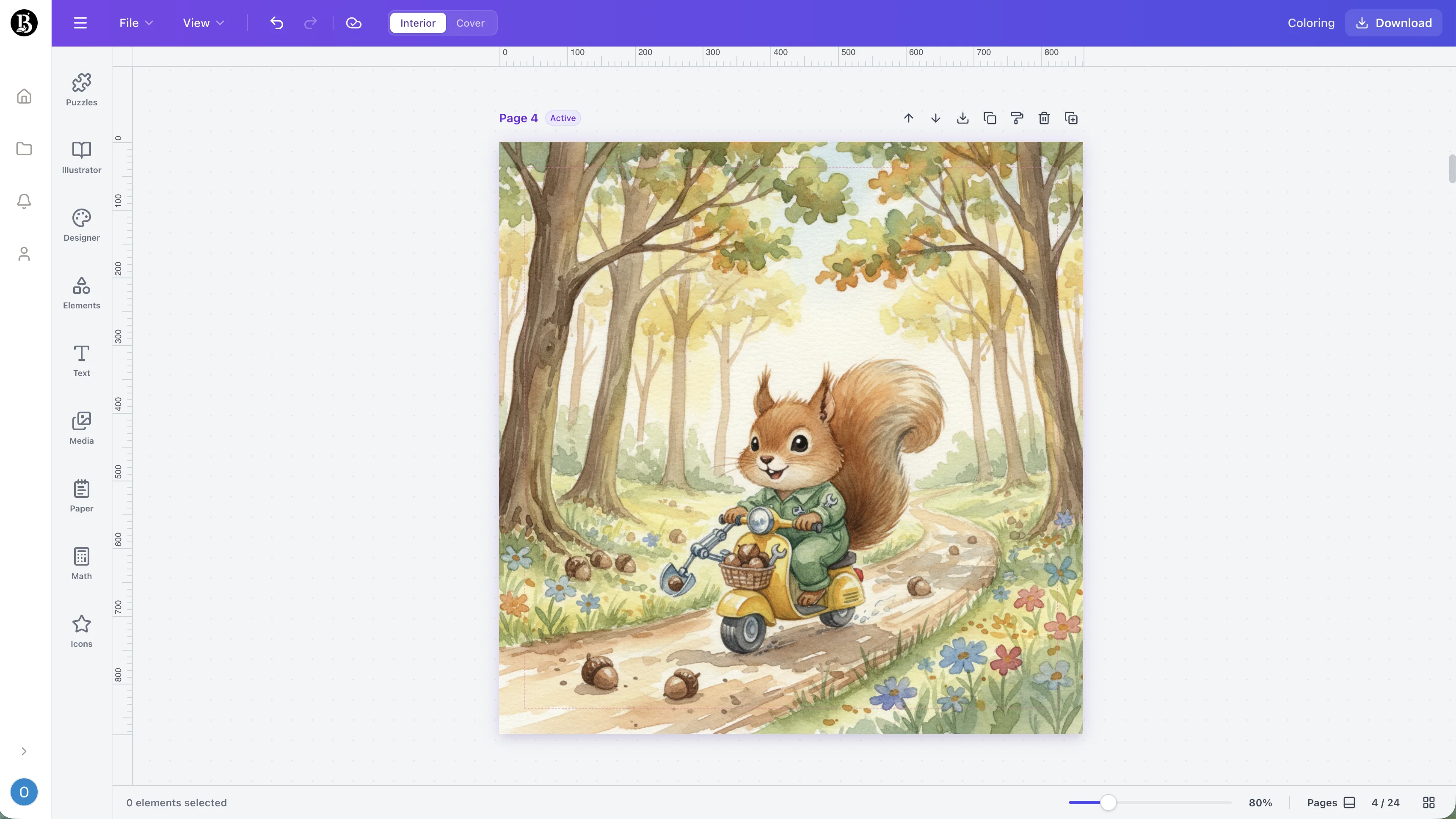 Screenshot of the Diseñador de cuentos infantiles workspace