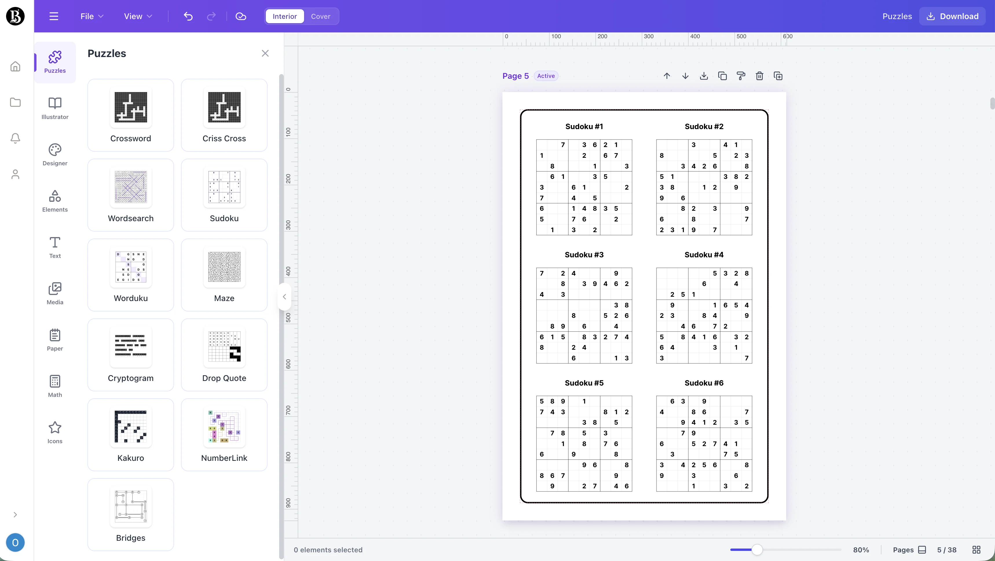 Screenshot of the Creador de sudokus workspace