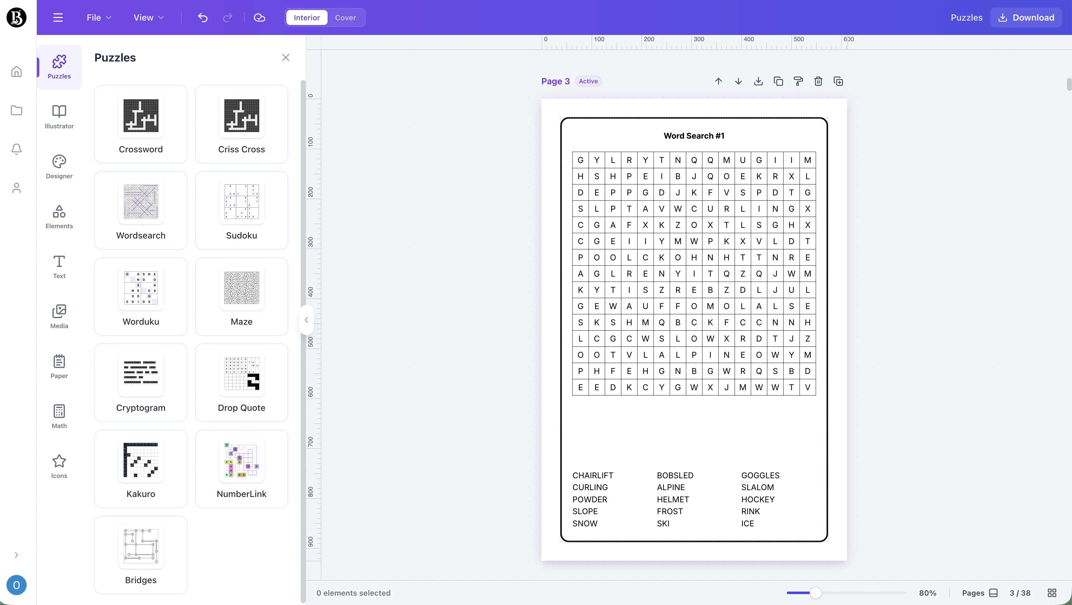 Screenshot of the Creador de libros de acertijos workspace