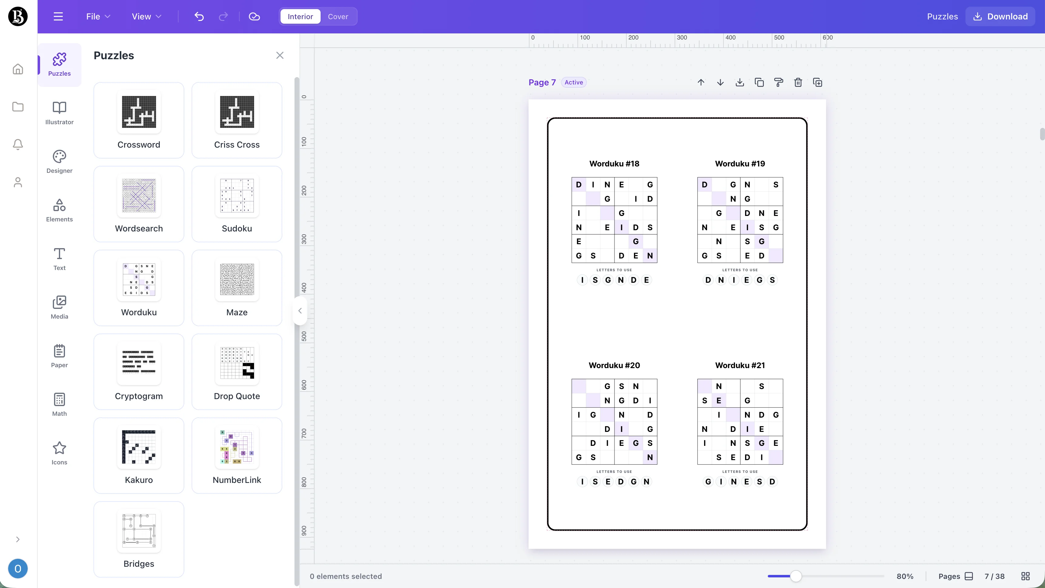 Screenshot of the El creador de Word workspace